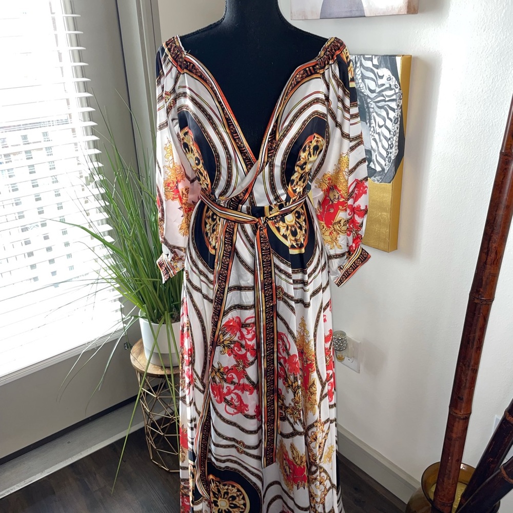 Off the shoulder, patterned wrap maxi dress, medium